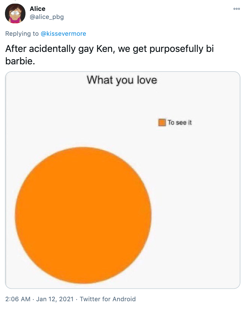 'After acidentally gay Ken, we get purposefully bi barbie.' A Venn diagram in orange with the circle labelled what you love and the colour key labelled to see it