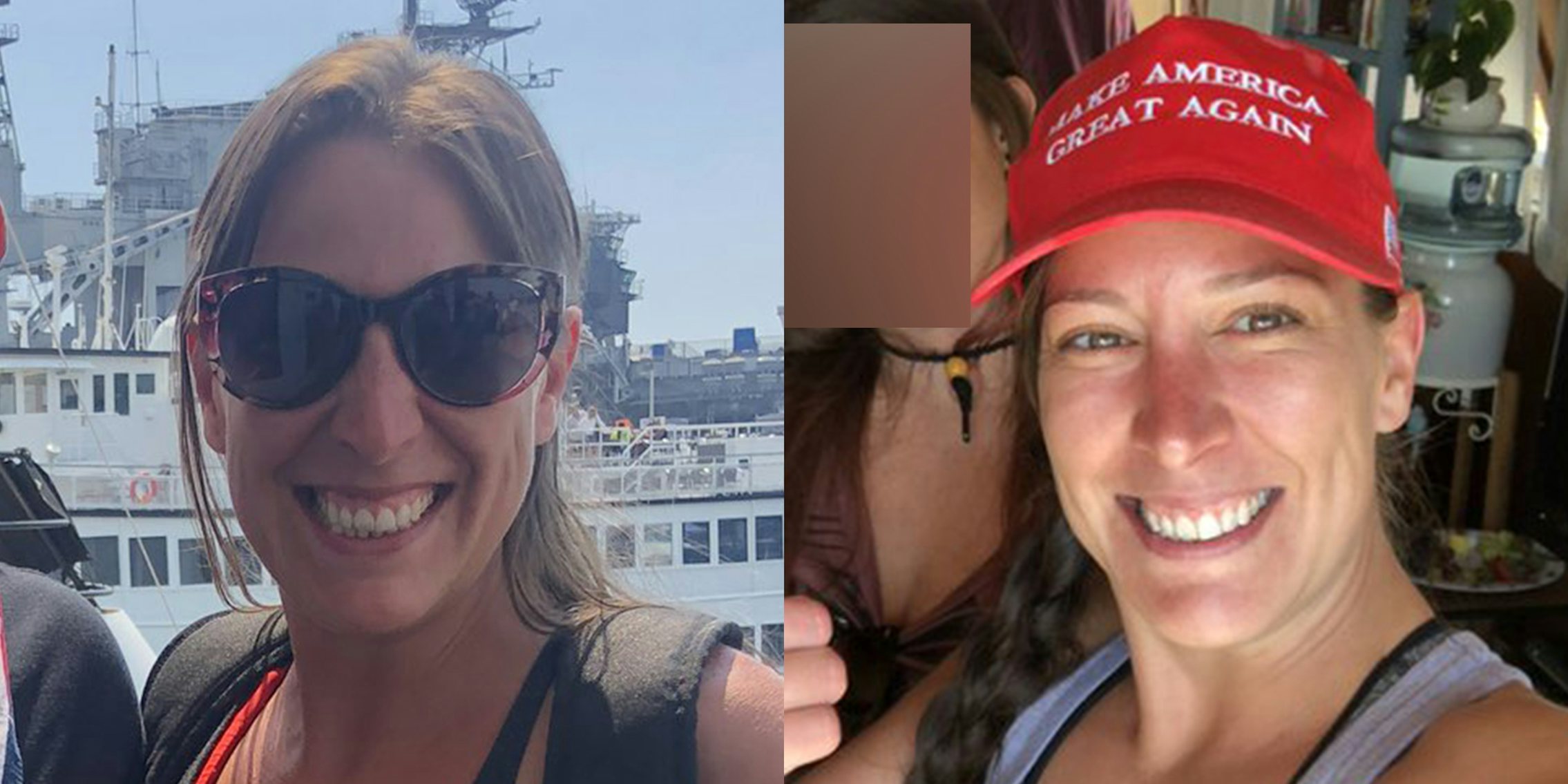 Ashli Babbit in front of a ship (L), wearing Make America Great Again hat (R)