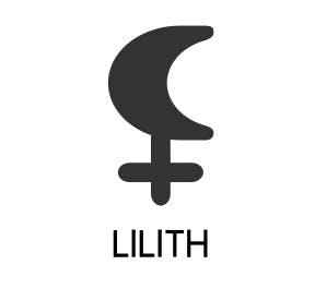 Black Moon Lilith symbol on astrology charts looks like a colored in crescent moon with a plus sign connected to the bottom.