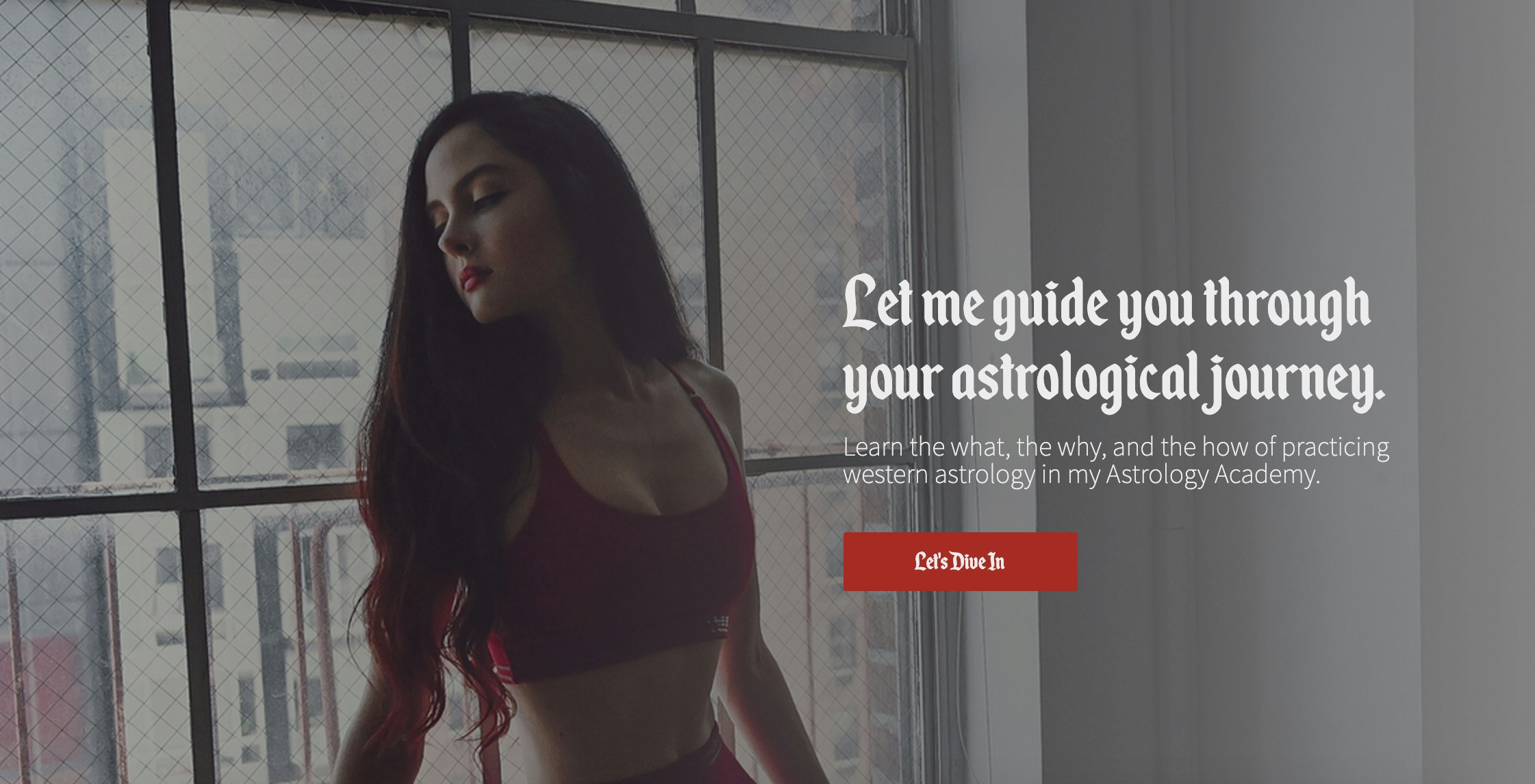 Screenshot of Maren Altman's homepage. Features a silhouette of Maren leaning against a window with overlay text that reads "Let me guide you through your astrological journey. Learn the what, the why, and the how of practicing western astrology in my Astrology Academy."