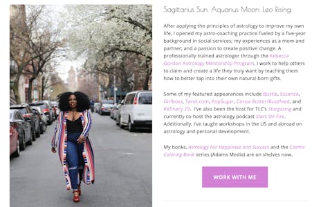 Photo of Mecca's biography page. Features an image of her walking down the street on the left, and a short biography explaining how and why she got into astrology on the right.