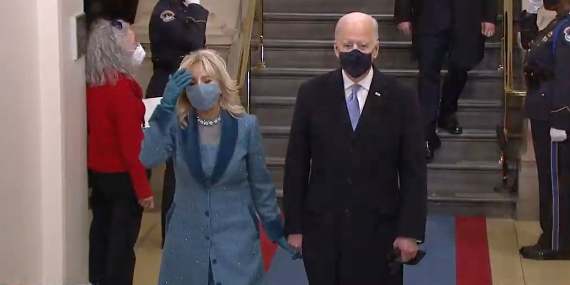 Joe Biden and Jill Biden enter 2021 presidential inauguration.