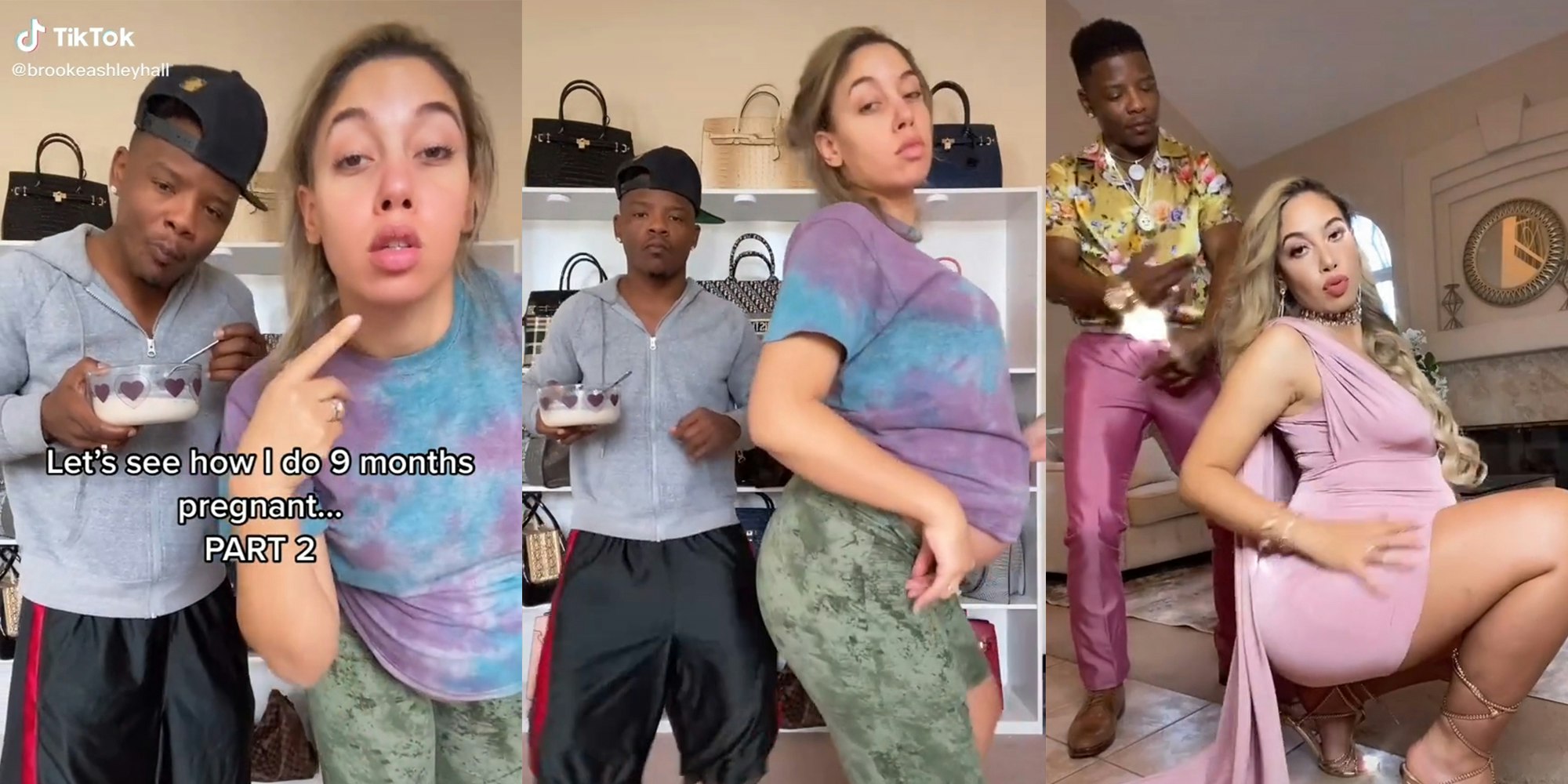 man and 9 months pregnant woman doing tiktok "buss it" challenge, going from casual clothes to high fashion