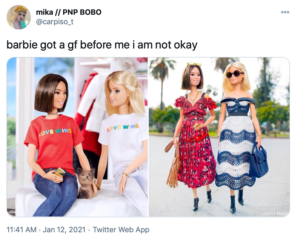 'barbie got a gf before me i am not okay' two photographs, one of Barbie and her girlfriend in the love wins t shirts, sat on a white bed on either side of a small brown dog. The second one features them walking arm and arm in maxi dresses, the girlfriend in a red patterned one and Barbie in a blue and white chevron striped dress paired with sunglasses