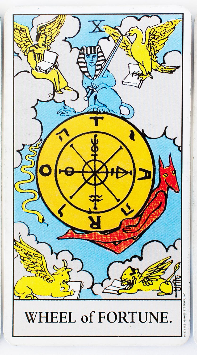 The wheel of fortune card from the Rider-waite deck. Illustration of a gold wheel with the devil holding it up from the bottom and angelic figures above.