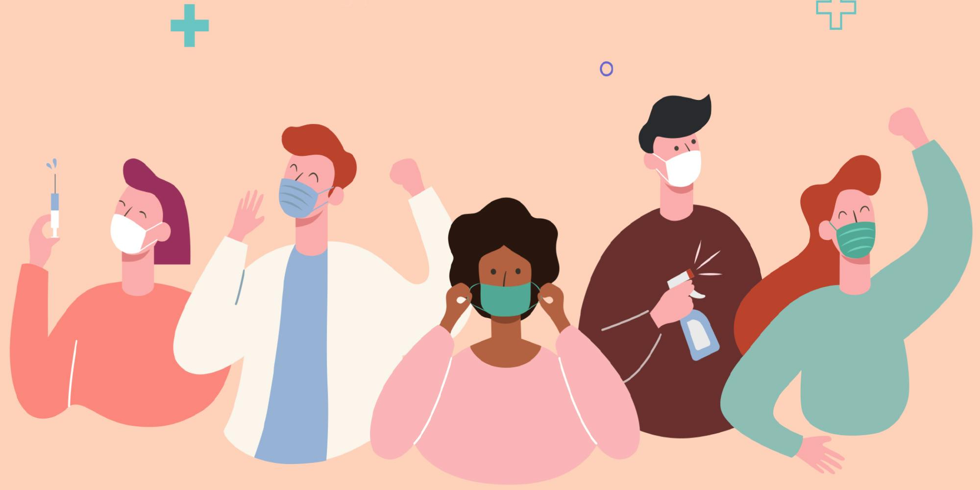 Illustration of people wearing masks, spraying disinfectant, and a doctor holding a vaccine for COVID-19.