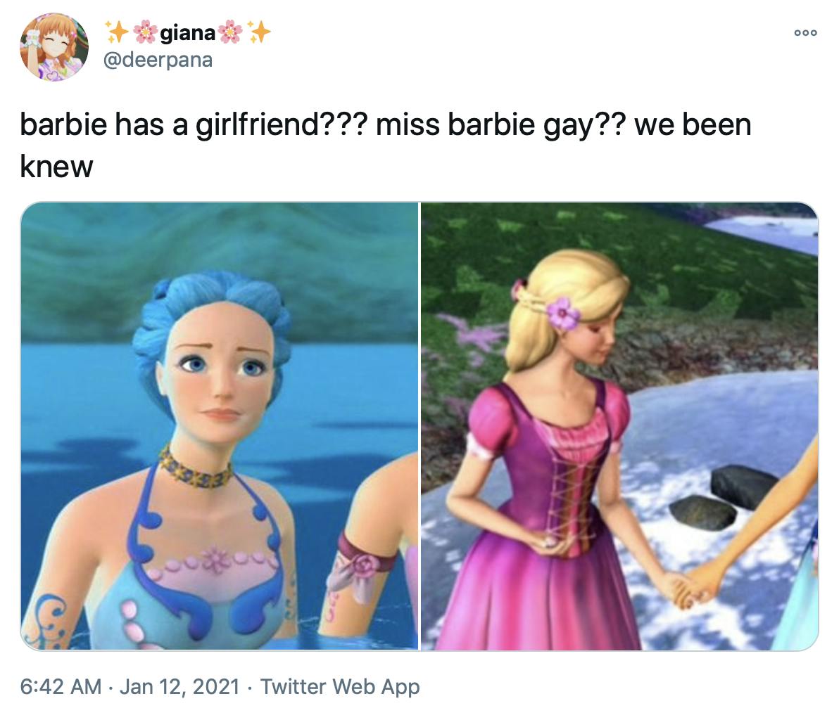 'barbie has a girlfriend??? miss barbie gay?? we been knew' screenshots from Barbie movies, on the left is a scene where Barbie holds hands with a blue haired mermaid in the water, on the right Barbie and a dark haired doll in a blue dress hold hands against a seascape