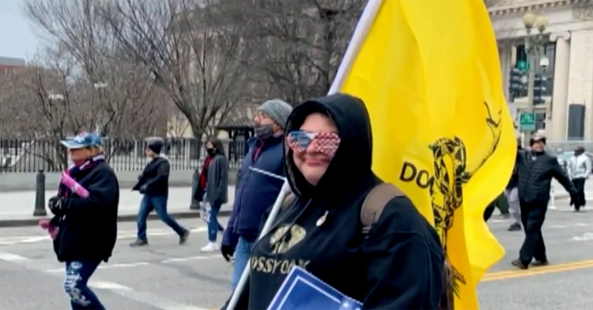 woman carrying don't tread on me flag trampled to death