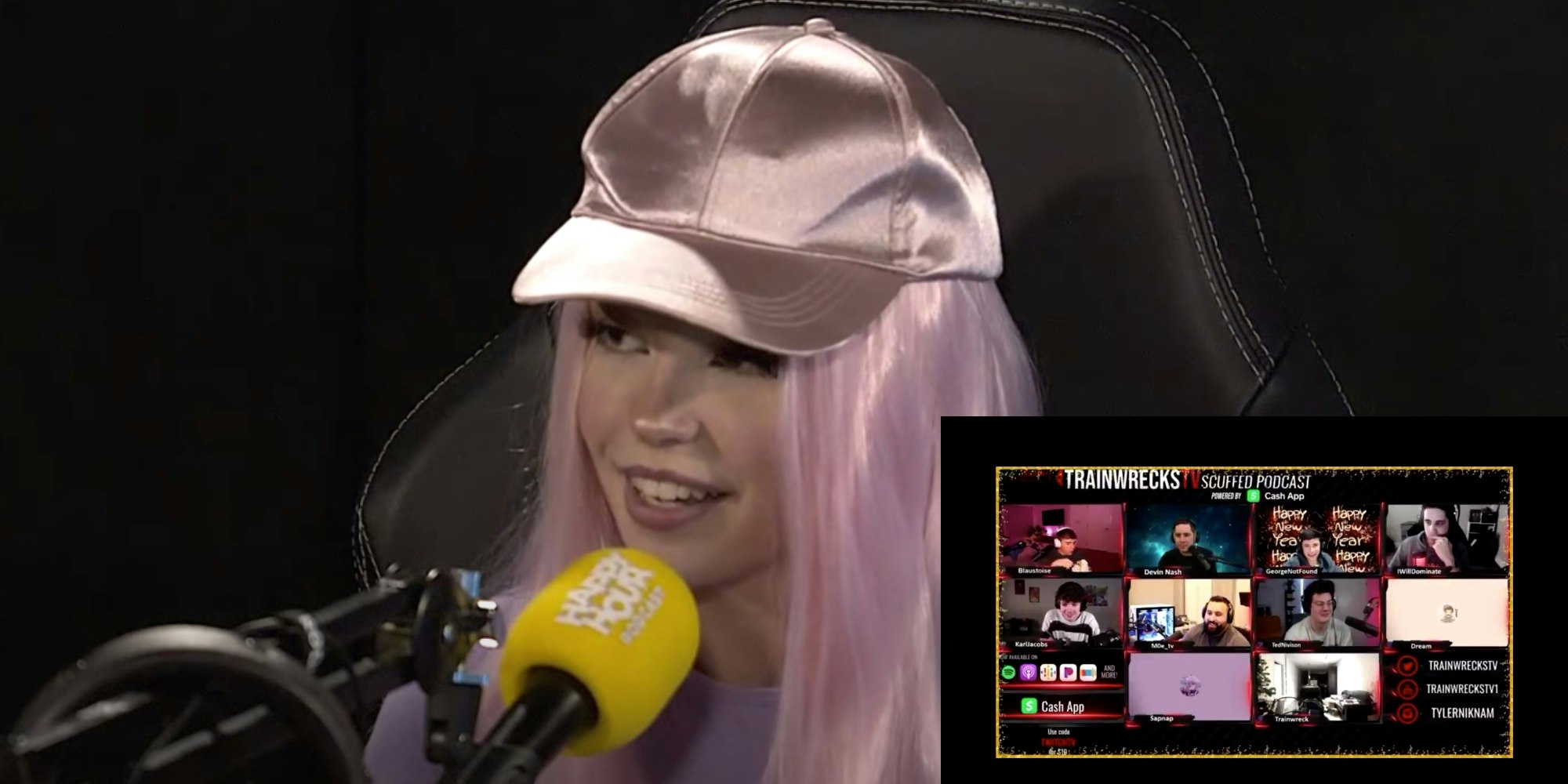 A picture of streamer Belle Delphine is overlaid with a screenshot of Dream discussing her video.
