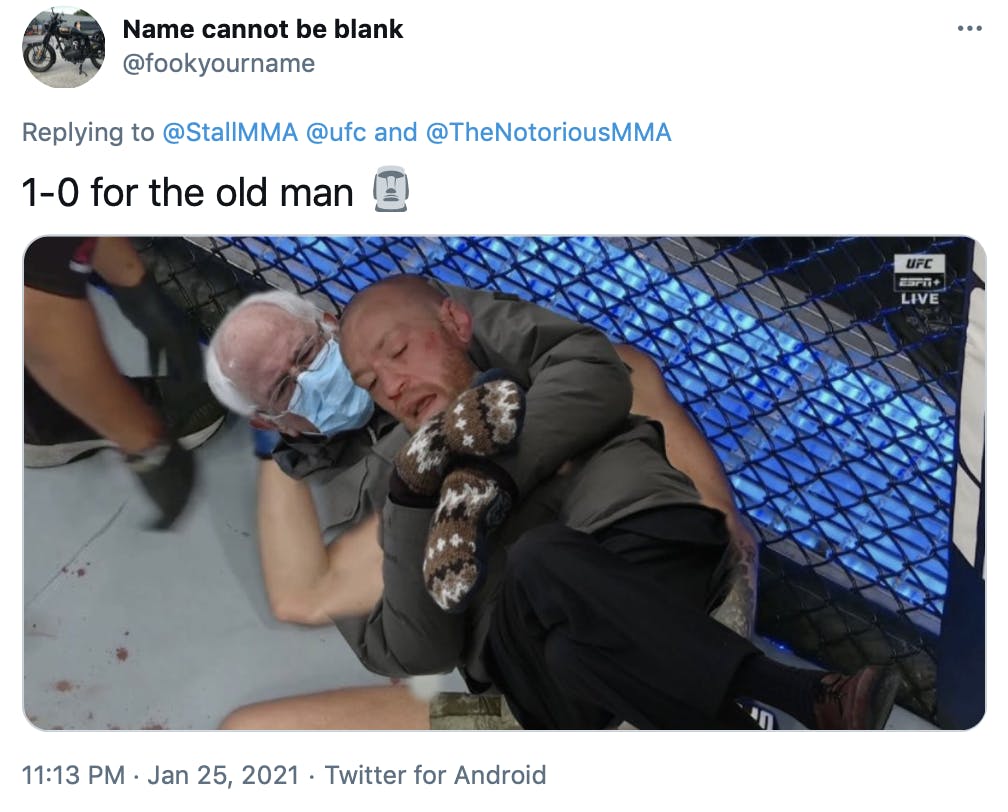 '1-0 for the old man Moyai' Bernie Sanders, taken from the inauguration photo, is photoshopped into McGregor's picture so he holds the unconscious man in a chokehold