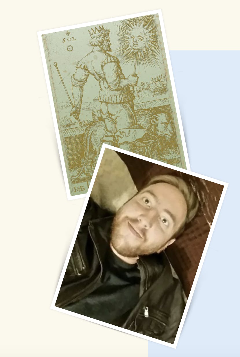 Selfie of Jake is juxtaposed with an image of a tarot card.