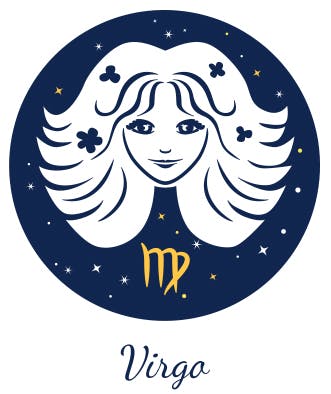 Virgo is represented by a woman (referred to as the virgin) and an 'M'-like symbol where the last leg crosses over itself.