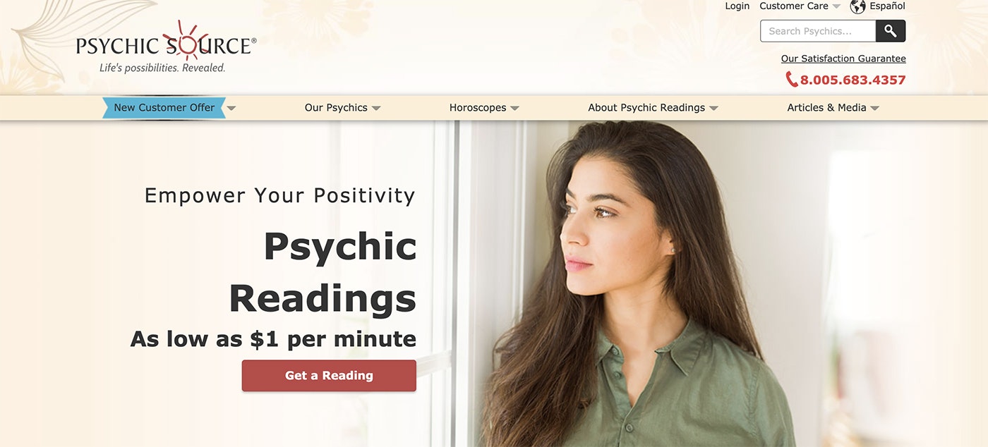 Screenshot of Psychic Source's homepage. Advertises readers, horoscopes, and predictions in both english and spanish.