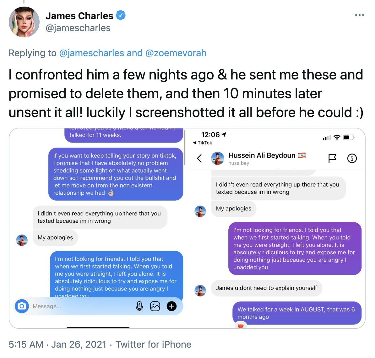 'I confronted him a few nights ago & he sent me these and promised to delete them, and then 10 minutes later unsent it all! luckily I screenshotted it all before he could :)' Screenshots of conversations between Charles and Beydoun, full text of which is in the article below