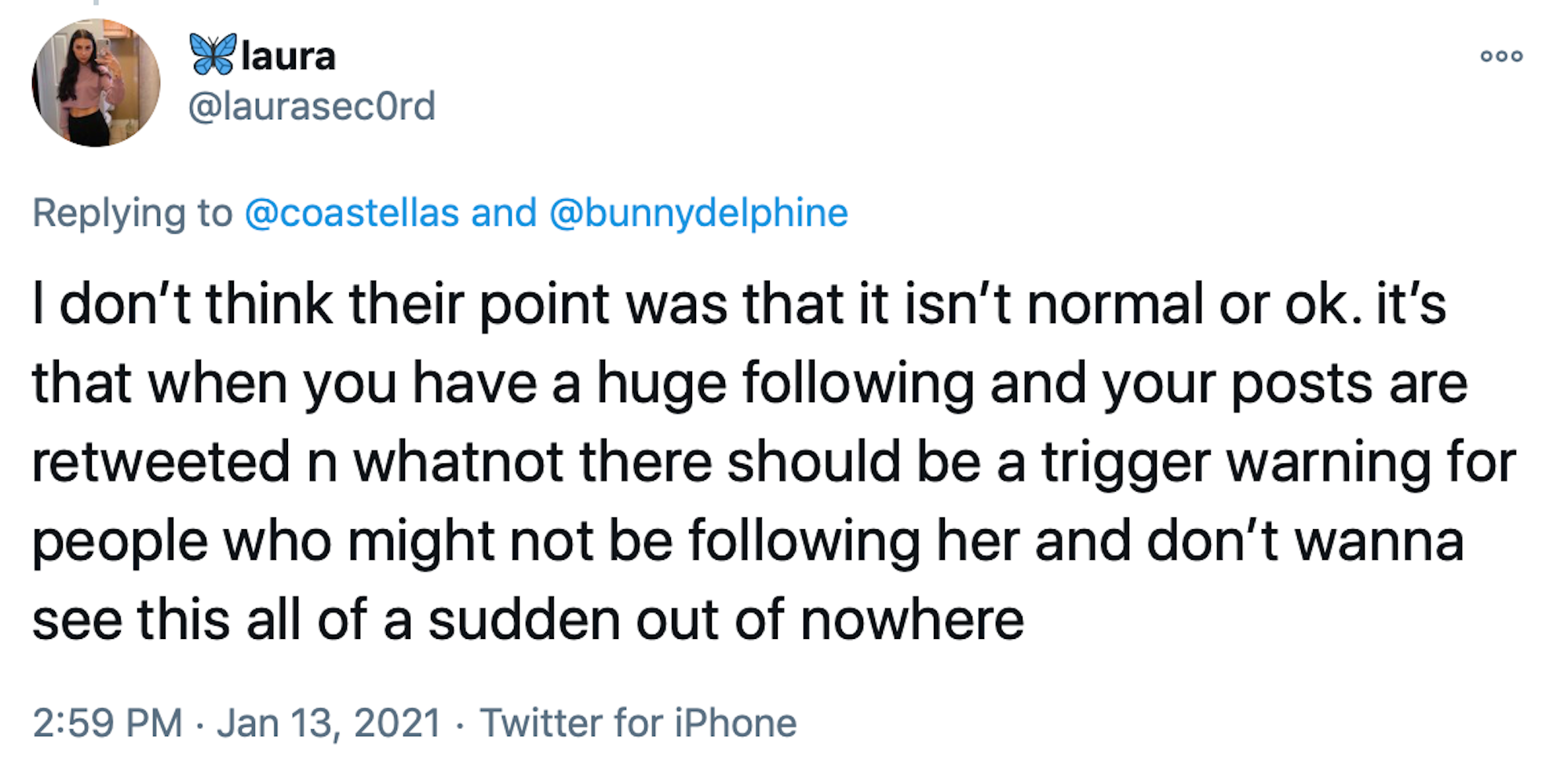 I don’t think their point was that it isn’t normal or ok. it’s that when you have a huge following and your posts are retweeted n whatnot there should be a trigger warning for people who might not be following her and don’t wanna see this all of a sudden out of nowhere