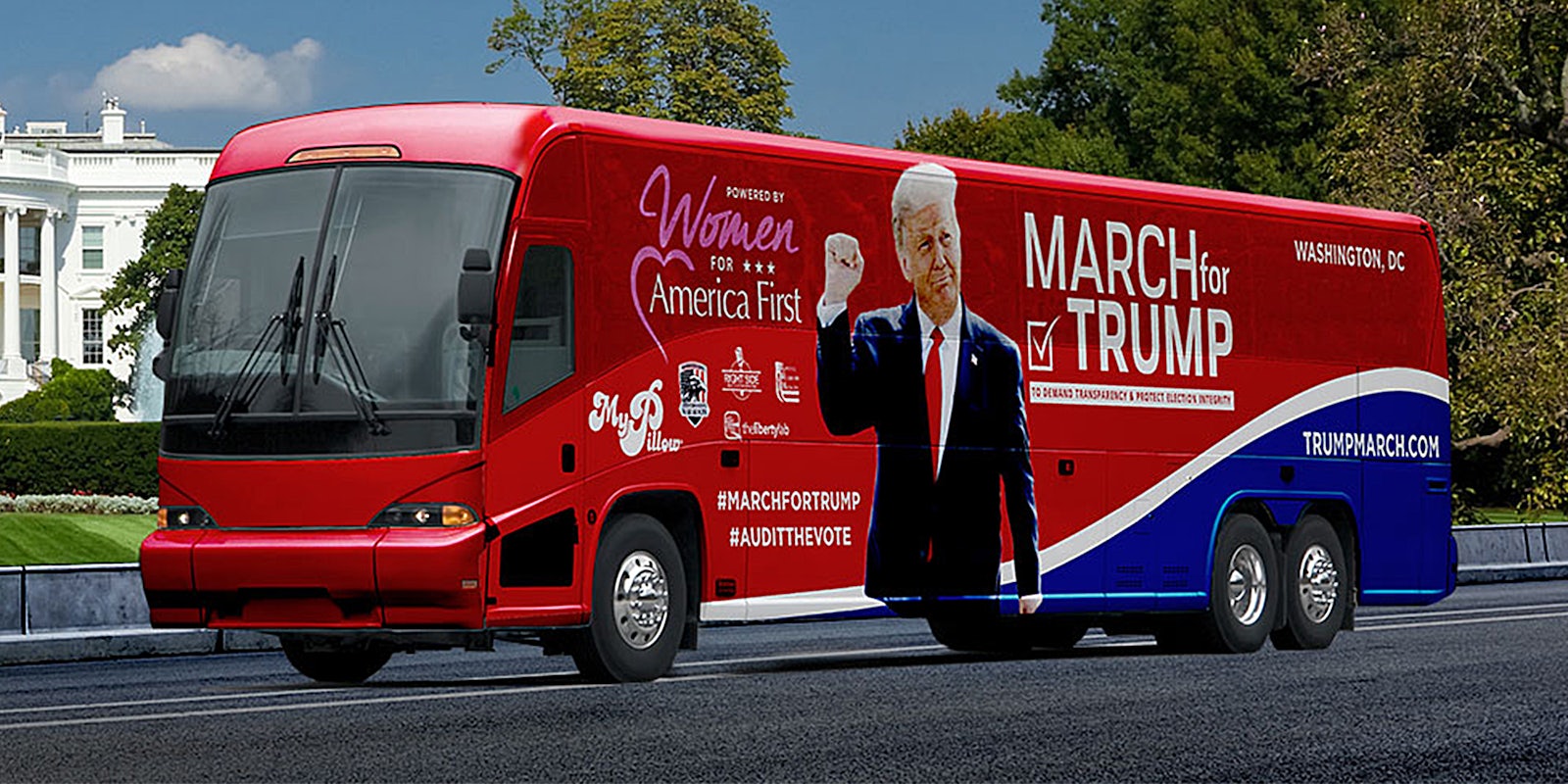 bus with 'Women for America First' and a picture of Trump pumping his fist on it in front of the White House