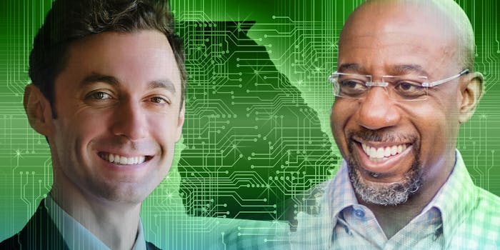 Senators Jon Ossoff and Raphael Warnock in front of shape of the state of Georgia with circuitboard overlay