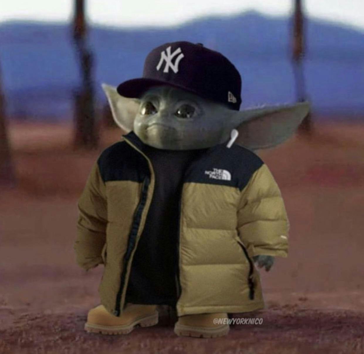 Image of Baby Yoda looking up meme dressed up in North Face and Timbs.