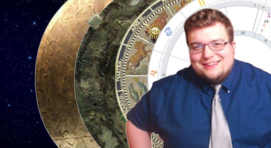 Photo of Patrick smiling with a close up of an astrology chart set as the background. He offers more detailed readings, rather than basic Gemini compatibility