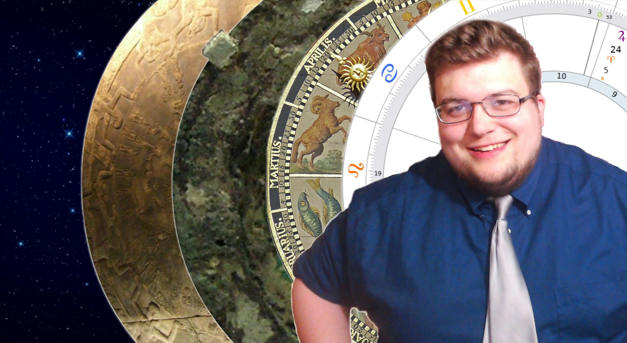 Photo of Patrick smiling with a close up of an astrology chart set as the background.