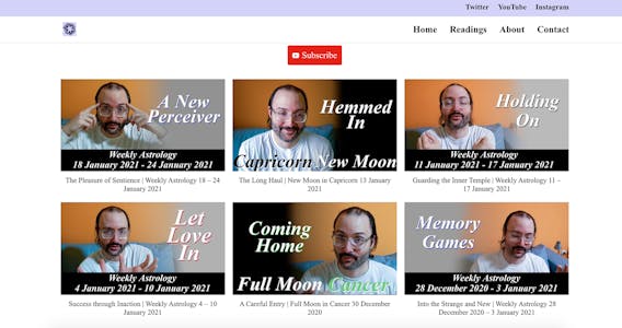 Screenshot of SJ. Anderson's website featuring an array of screengrabs from his YouTube channel.