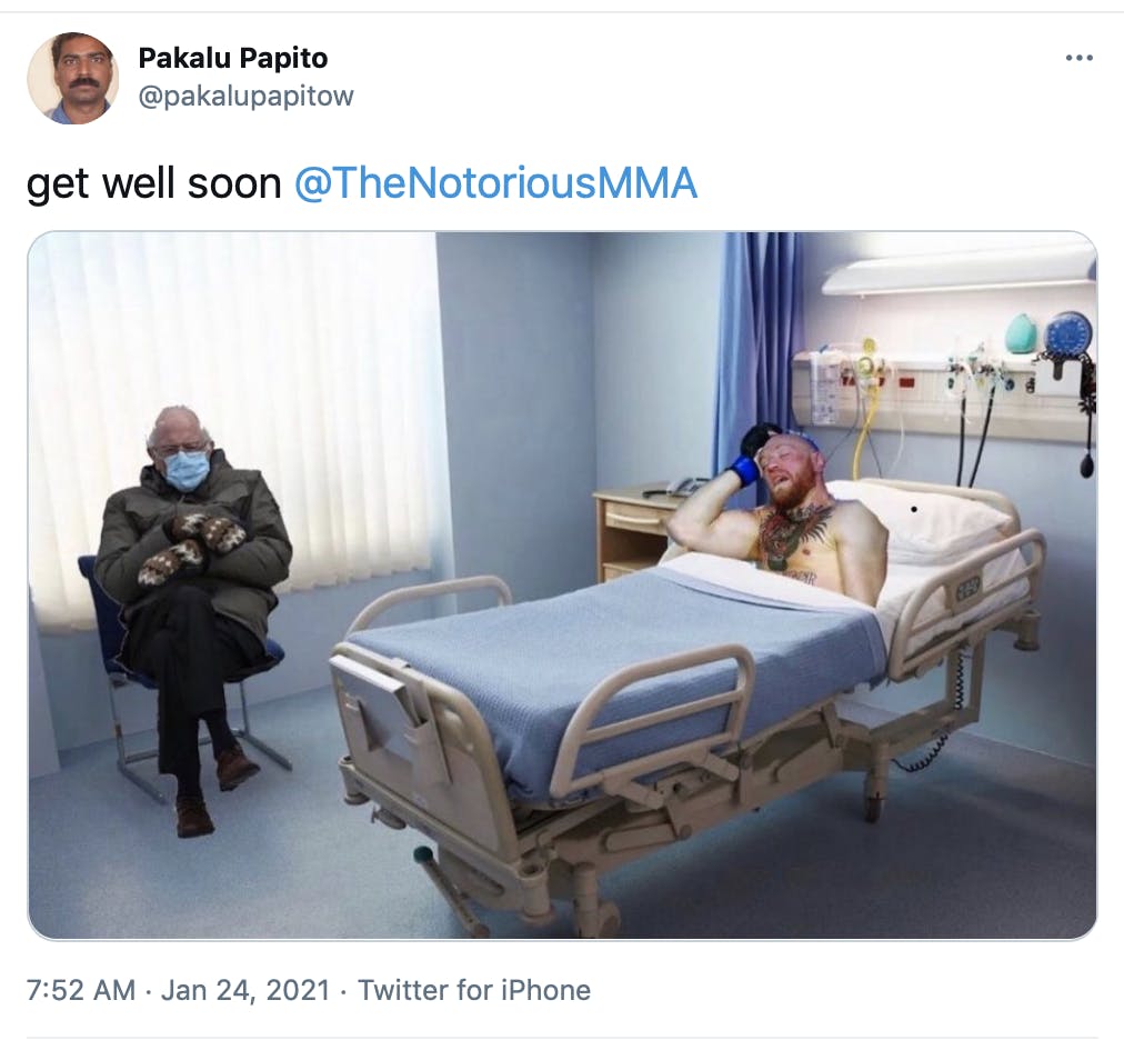 'Thread See new Tweets Conversation Pakalu Papito @pakalupapitow get well soon @TheNotoriousMMA' McGregor photoshopped into a hospital bed while Bernie Sanders sat in the chair looking grumpy, taken from the inauguration, is photoshopped into the corner