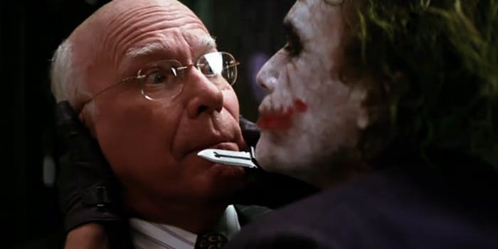 Joker holds a knife up to Senator Patrick Leahy in "The Dark Knight"
