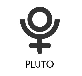 Symbol for Pluto looks like a stick figure with a separate small circle where the head would be.