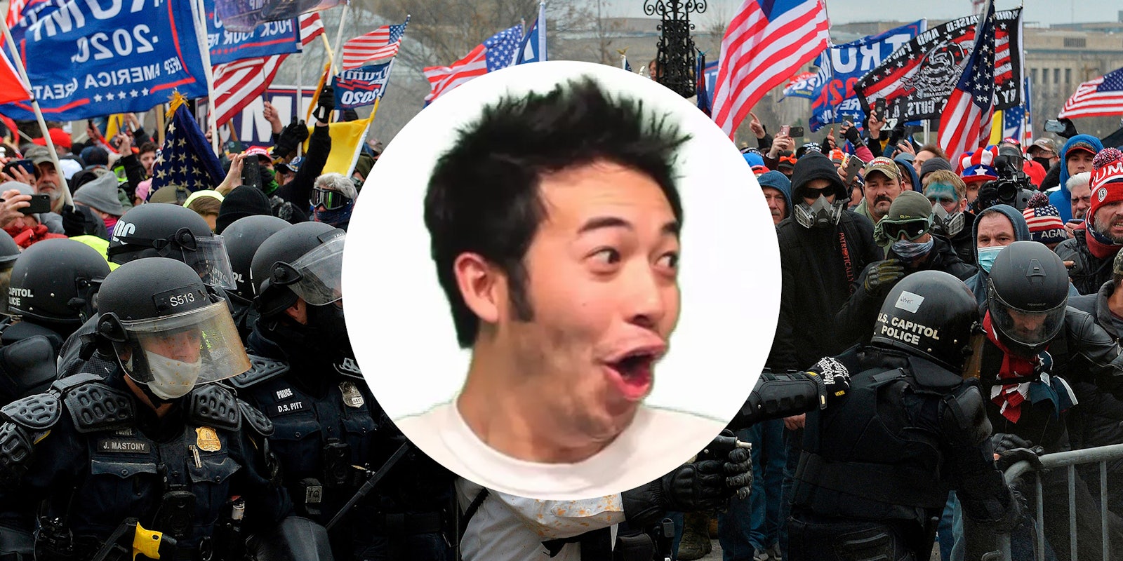 man making surprised face over trump supporters clashing with police