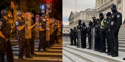 heavy police presence with riot gear for BLM protests (L) light police presence with no gear for Trump riots (R)