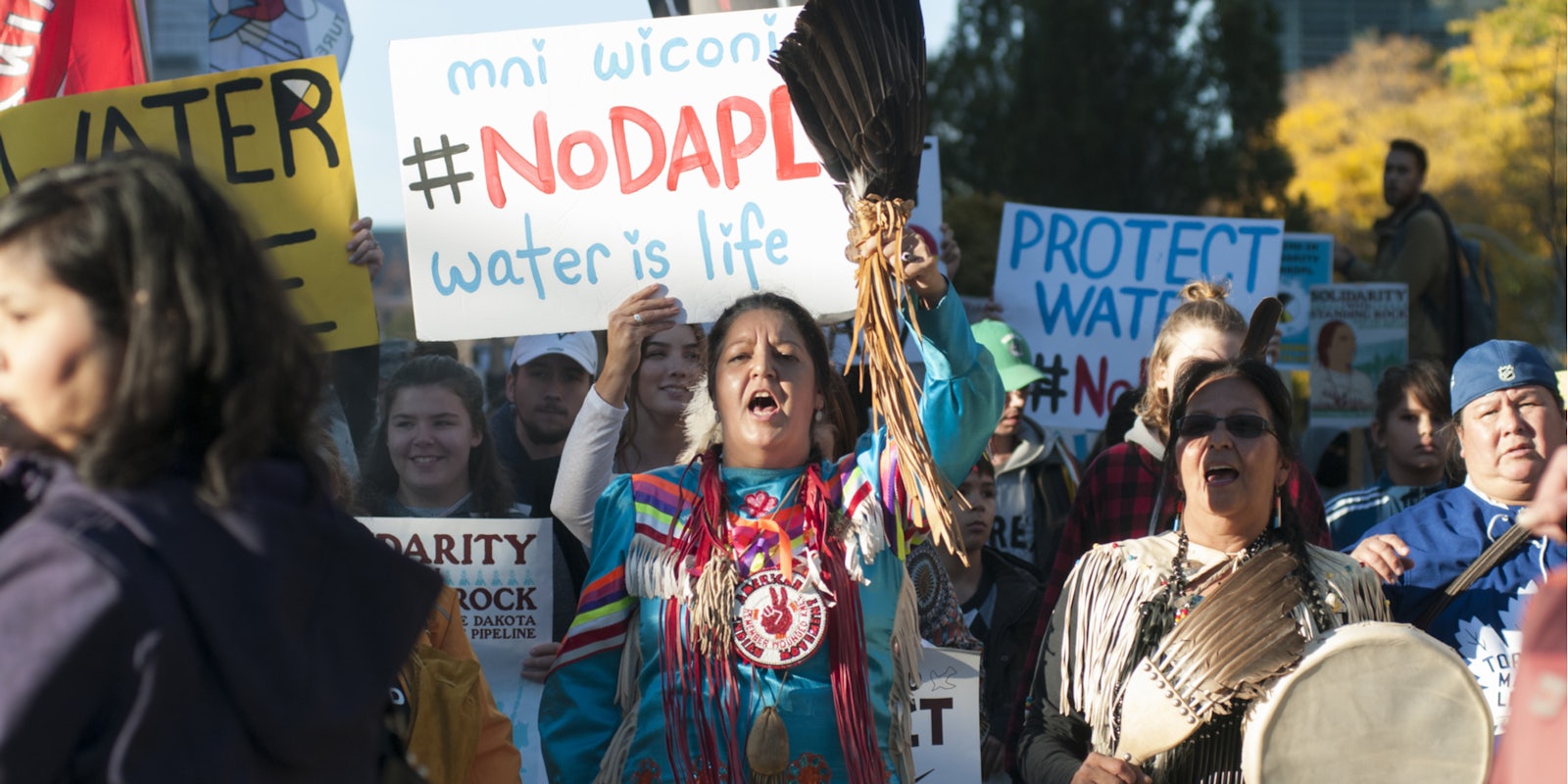 Indigenous woman holds #NODAPL sign at Standing Rock protest.