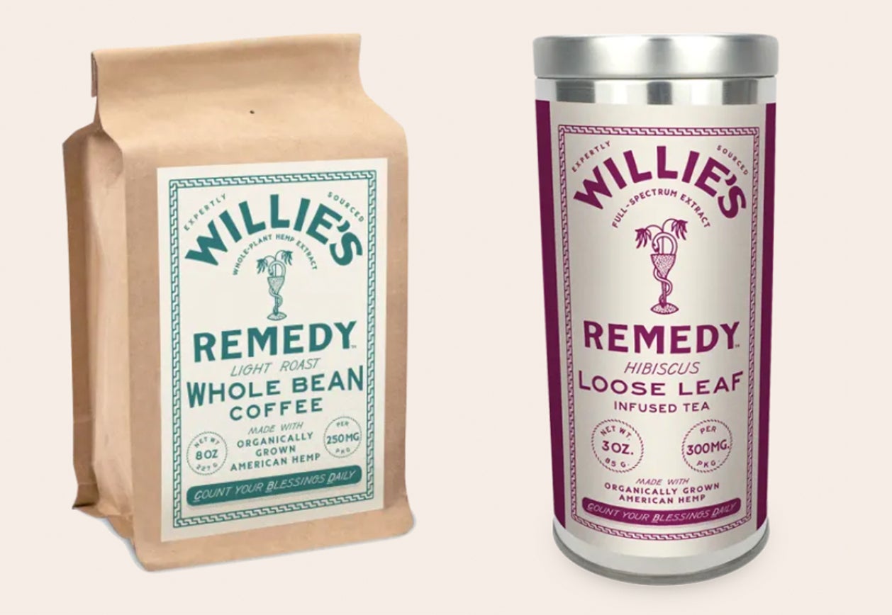Willie's Remedy CBD-infused whole bean coffee bag and Hibiscus tea tin
