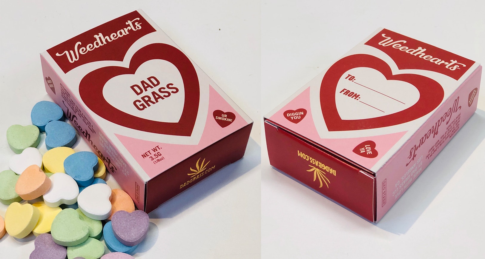 Dad Grass boxes are made to look like the valentine's day sweethearts candy.