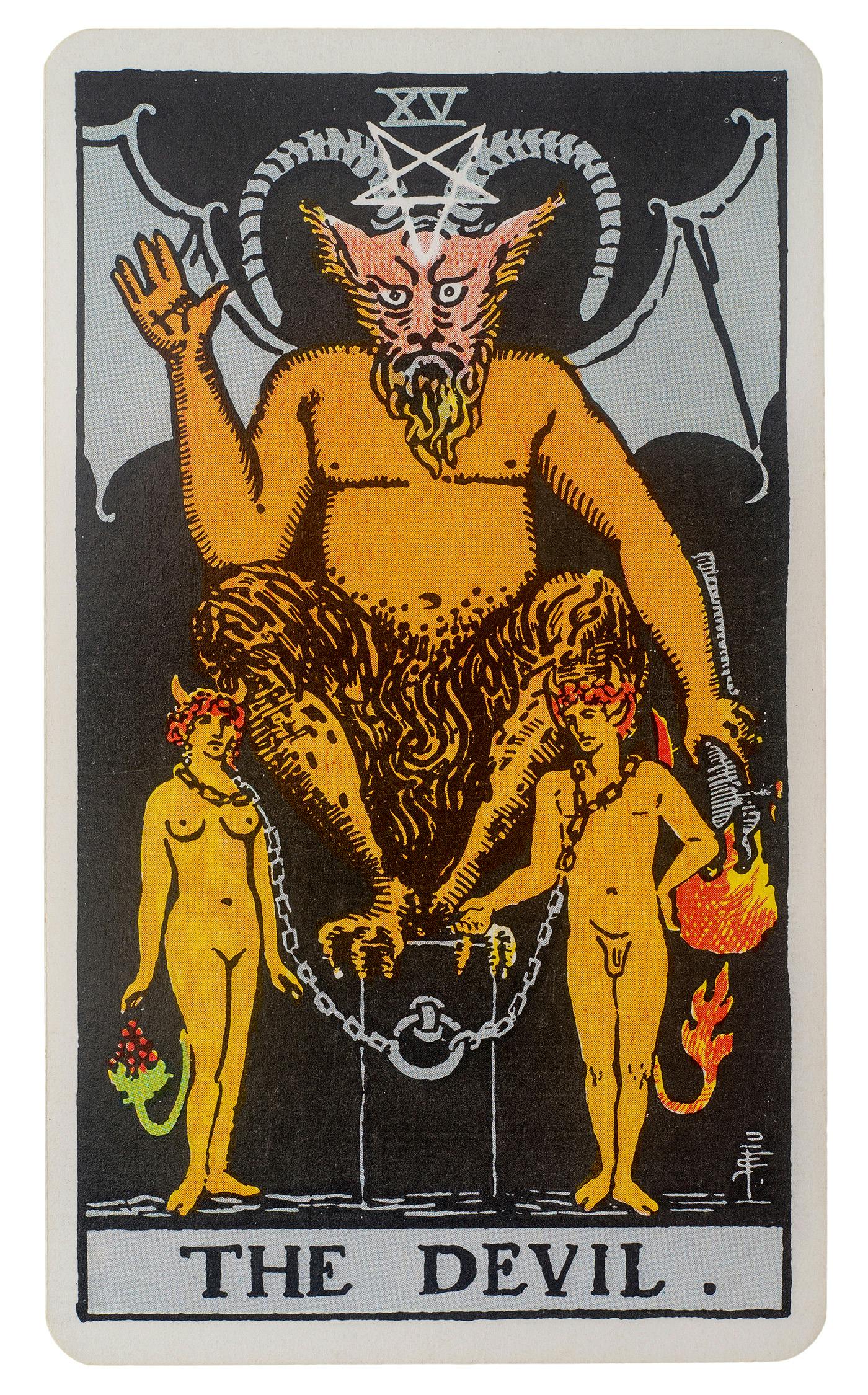 the devil tarot card as seen in the rider-waite tarot deck. image of a devil with two people chained to his throne and a pentagram up top.