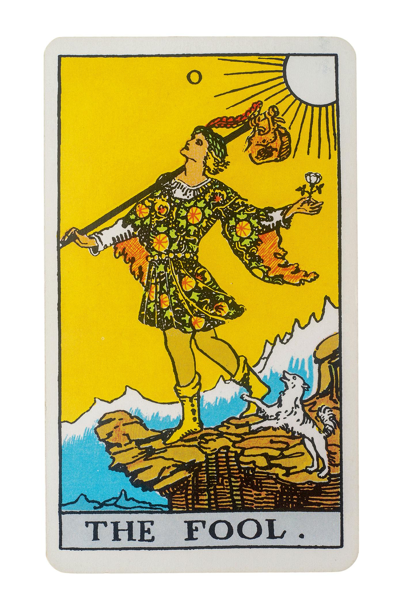 Image of The Fool in the Rider-waite deck. A man standing on the end of a cliff, not paying attention to where he is walking.