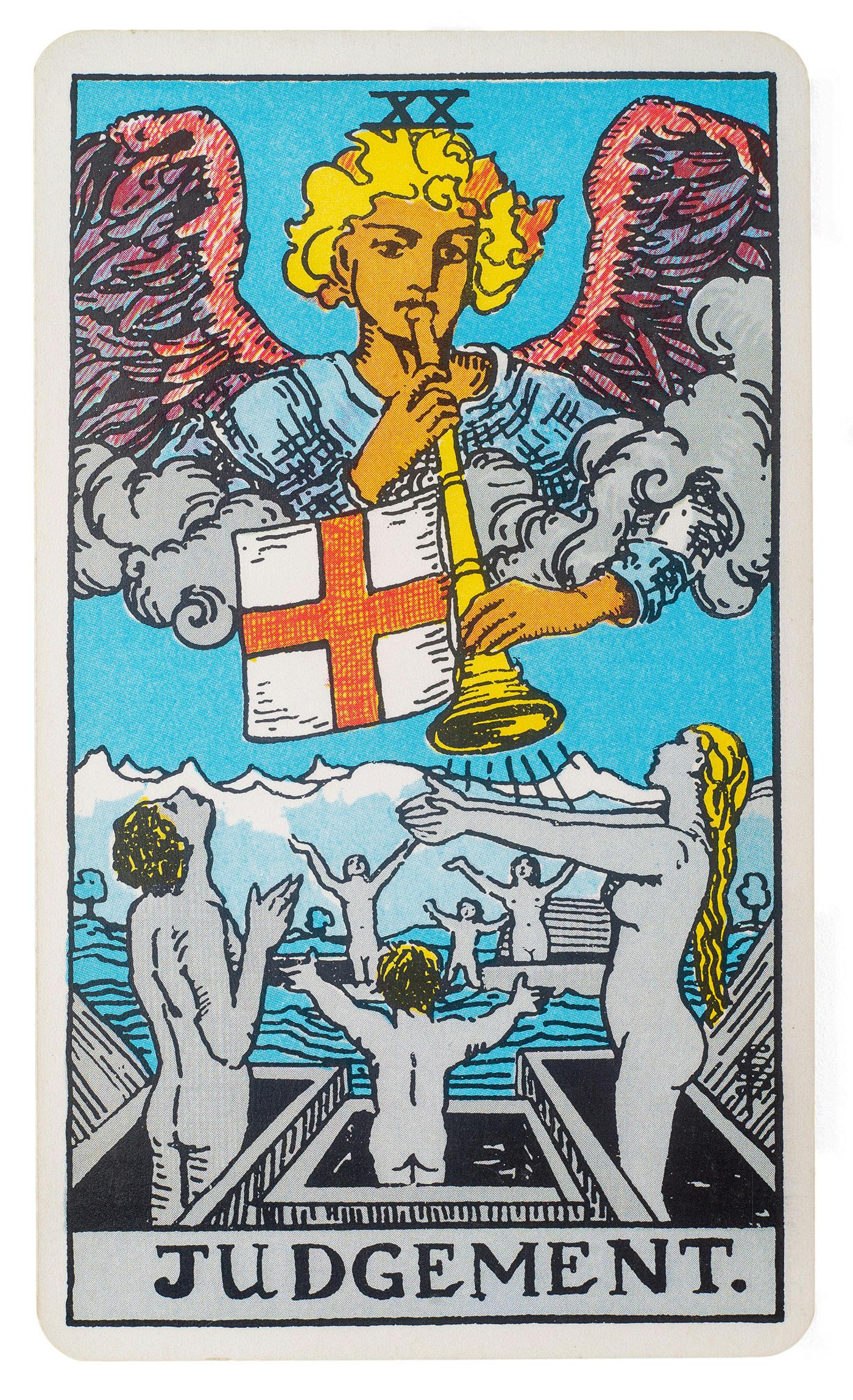 the judgement card from the rider-waite deck. illustration of a group of people standing in a circle around a body of water with their arms out and raised while an angel plays a horn from above.