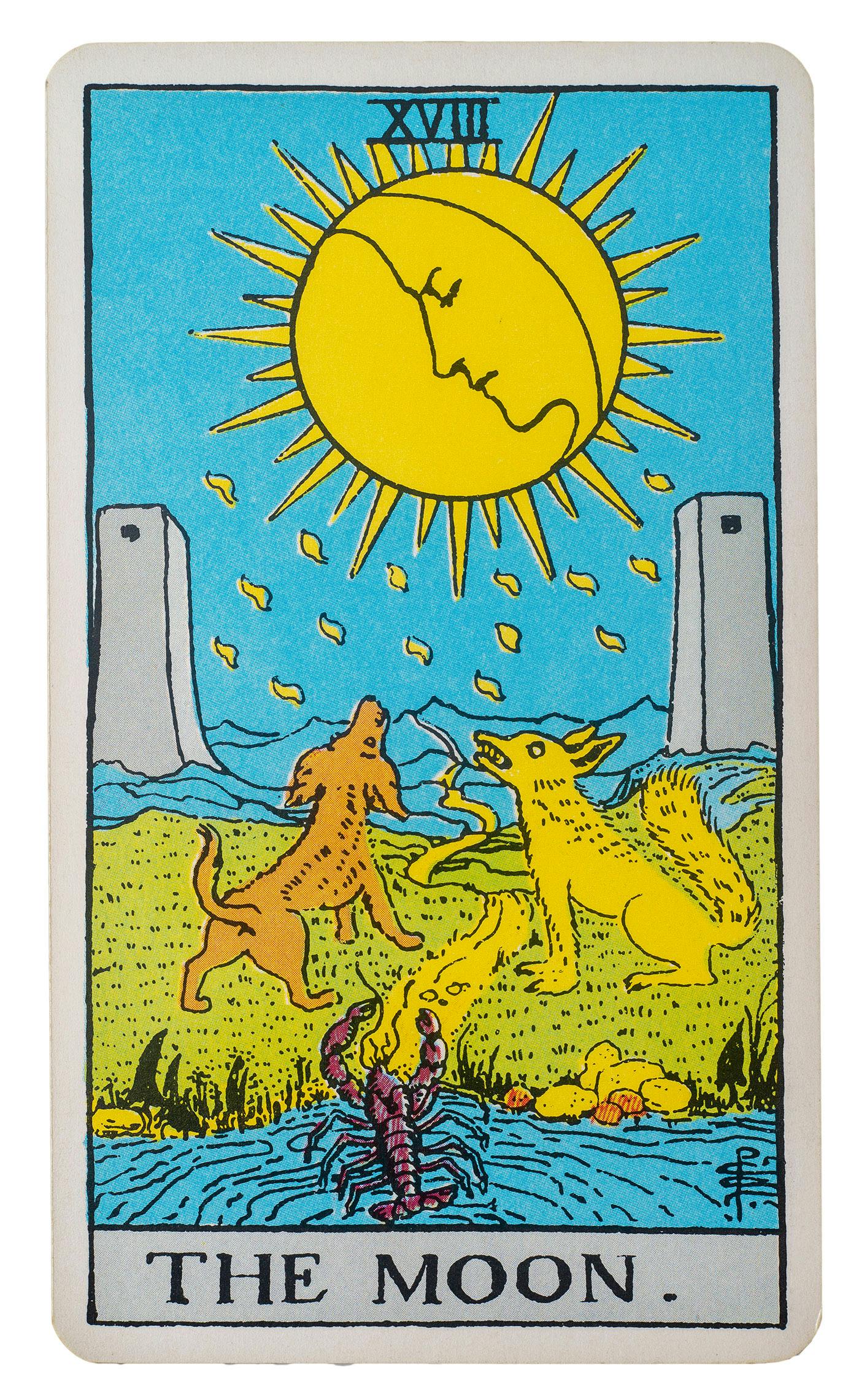 The moon card from rider-waite deck. image of three animals, a lobster, and two wolves howling at the moon.