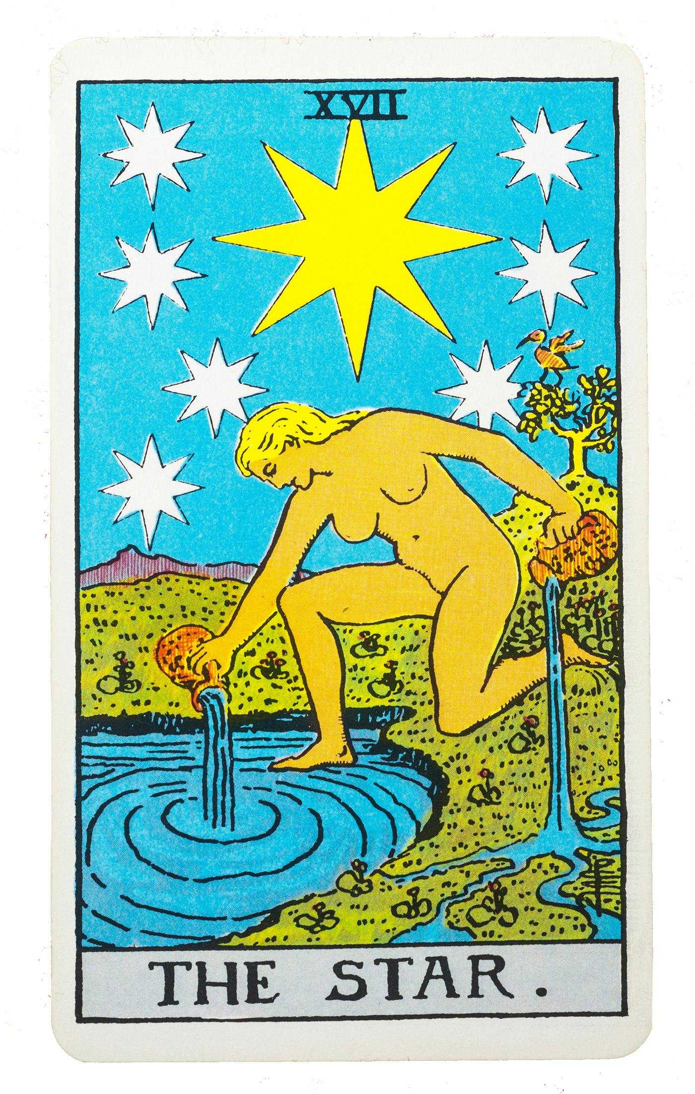 The Star tarot card from the rider-waite deck. Image of a woman kneeling by a lake pouring cups of water into the lake.