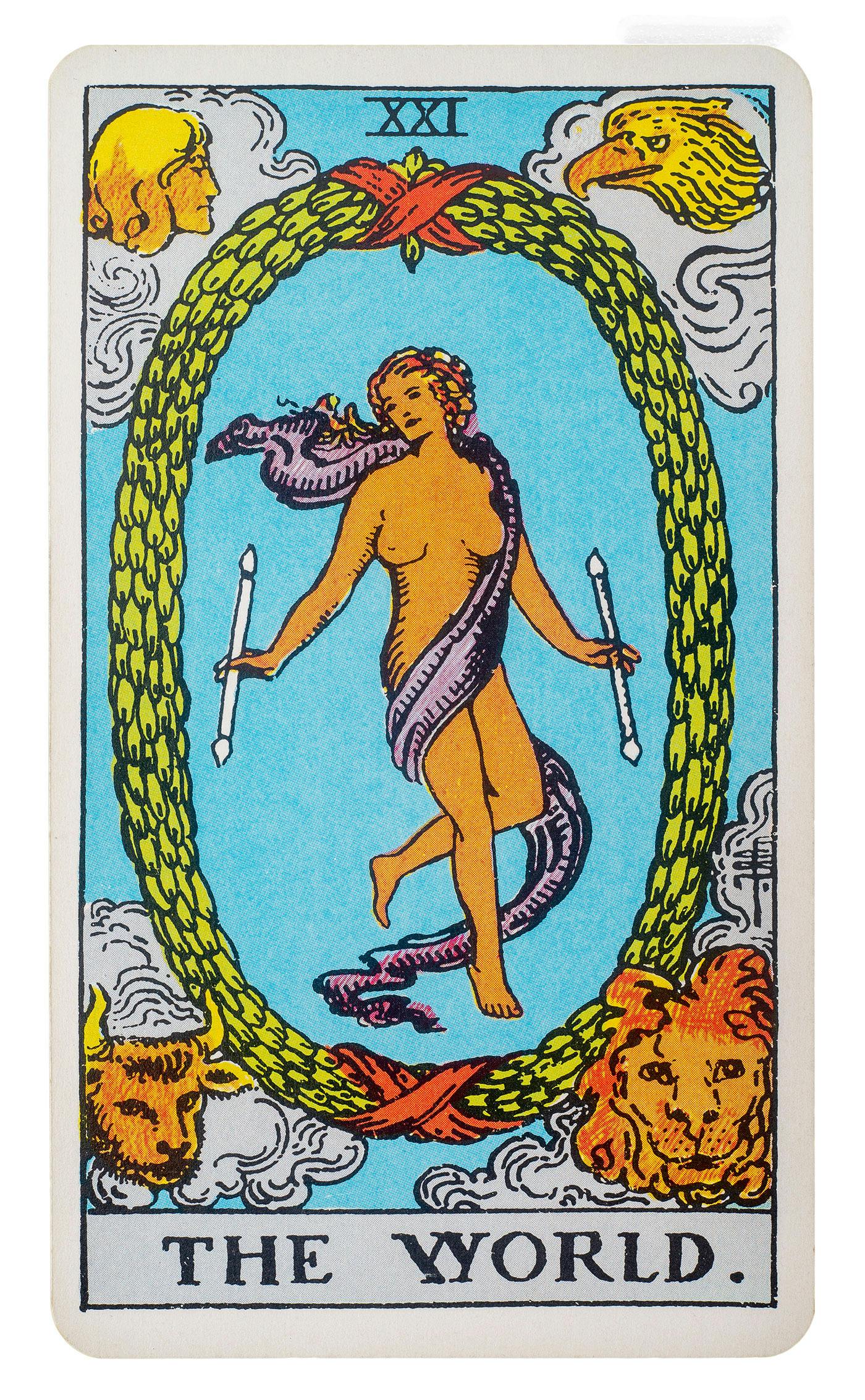 the world card from the rider-waite deck. features the image of a woman wrapped in a silk scarf and holding a staff in each hand. she is surrounded by a green wreath and floating above the earth. various creatures are in each corner of the card.