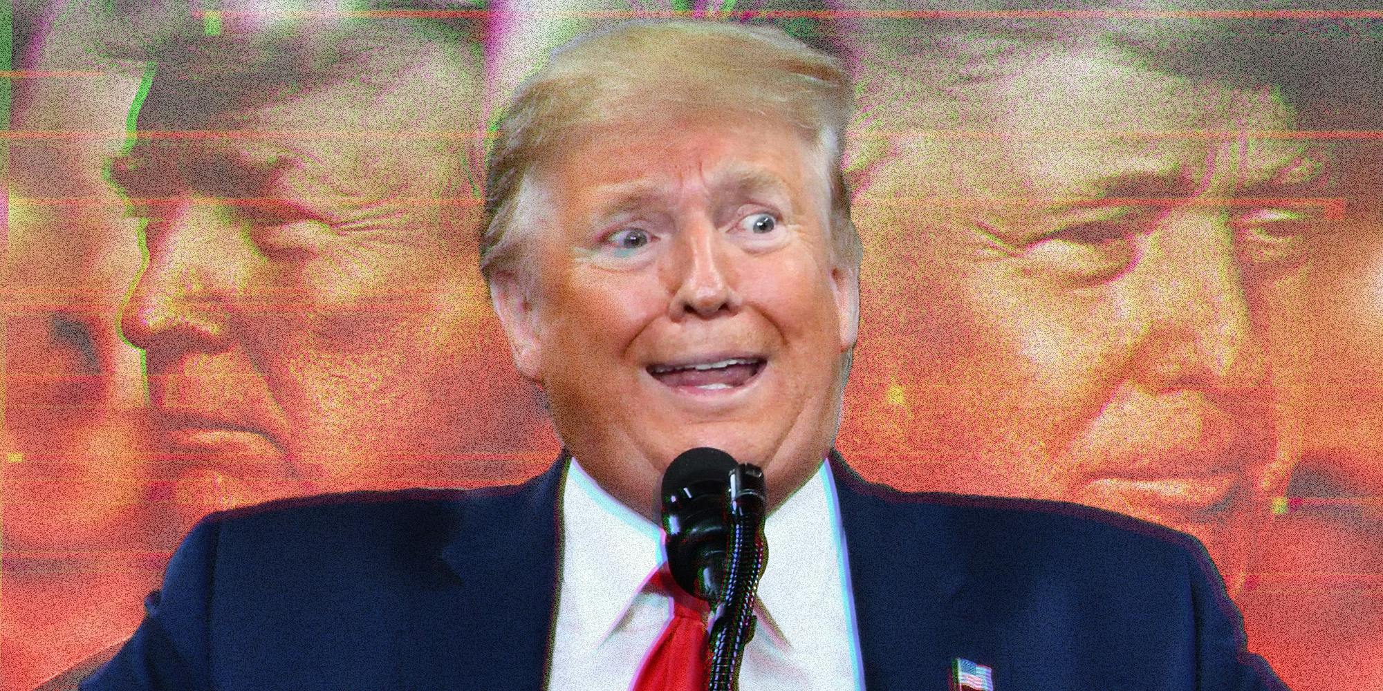Donald Trump at microphone with deranged face, with other photos of him in the background facing different directions
