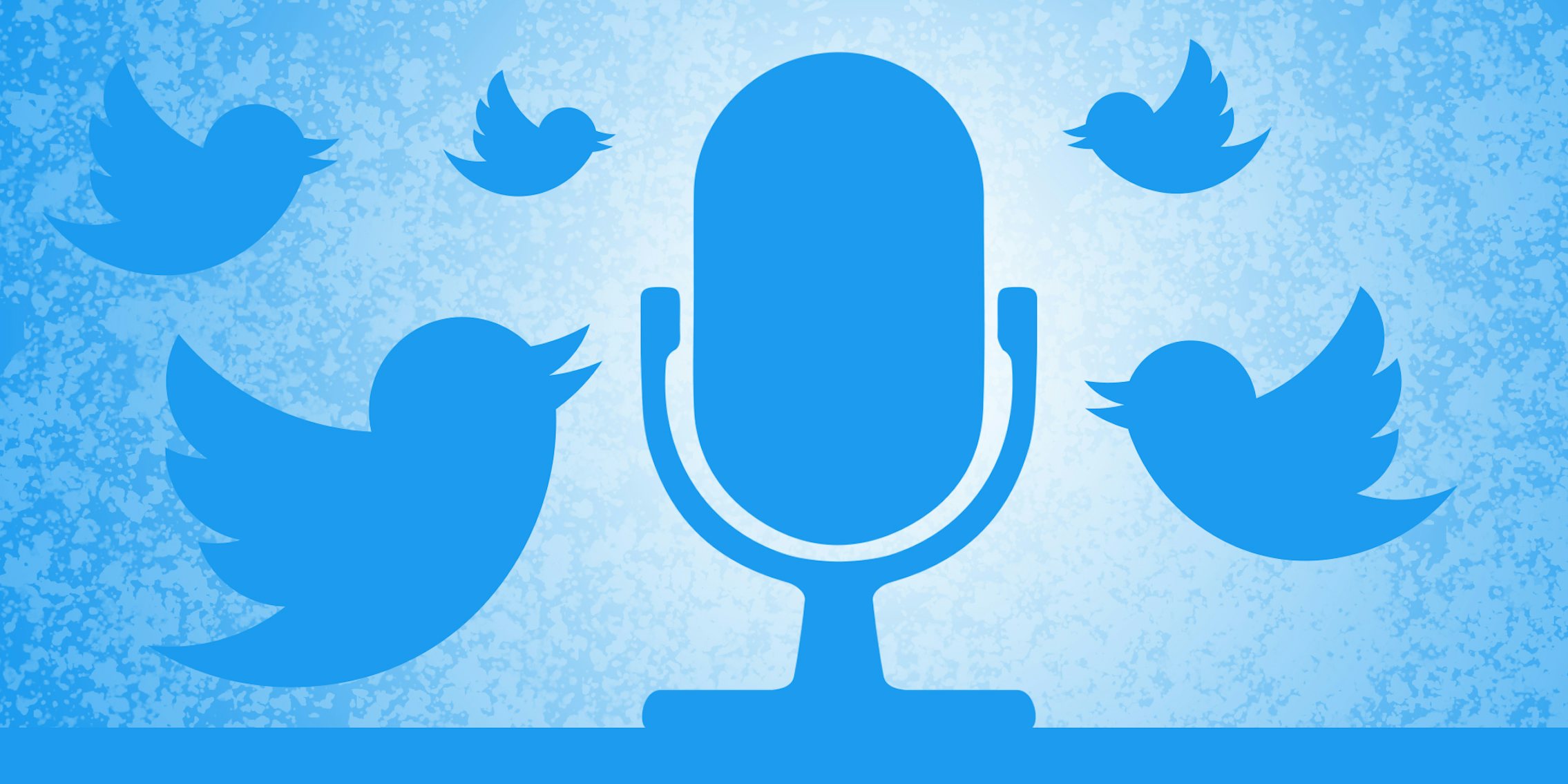 Twitter bird logos fluttering around microphone