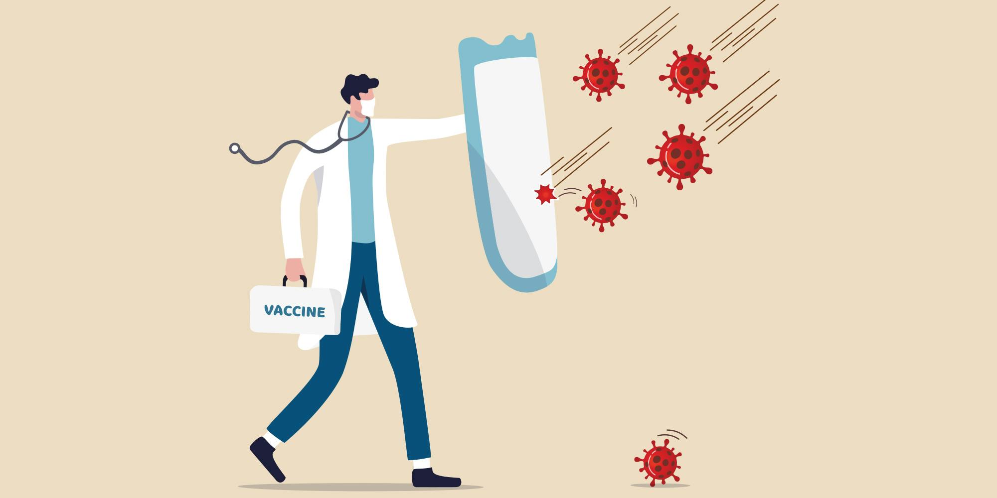 Illustration of a doctor carrying the COVID-19 vaccine and a shield blocking coronavirus particles.