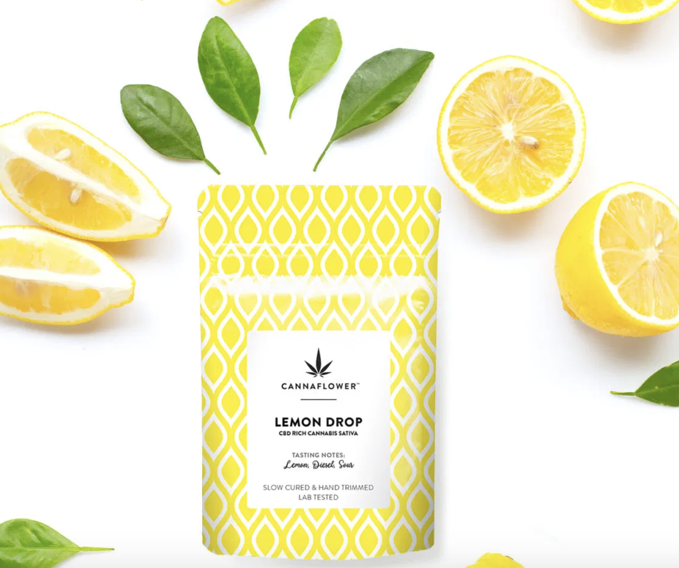 Lemon drop strain of CBD flower in its fresh lock pouch surrounded by lemon slices and leaves.