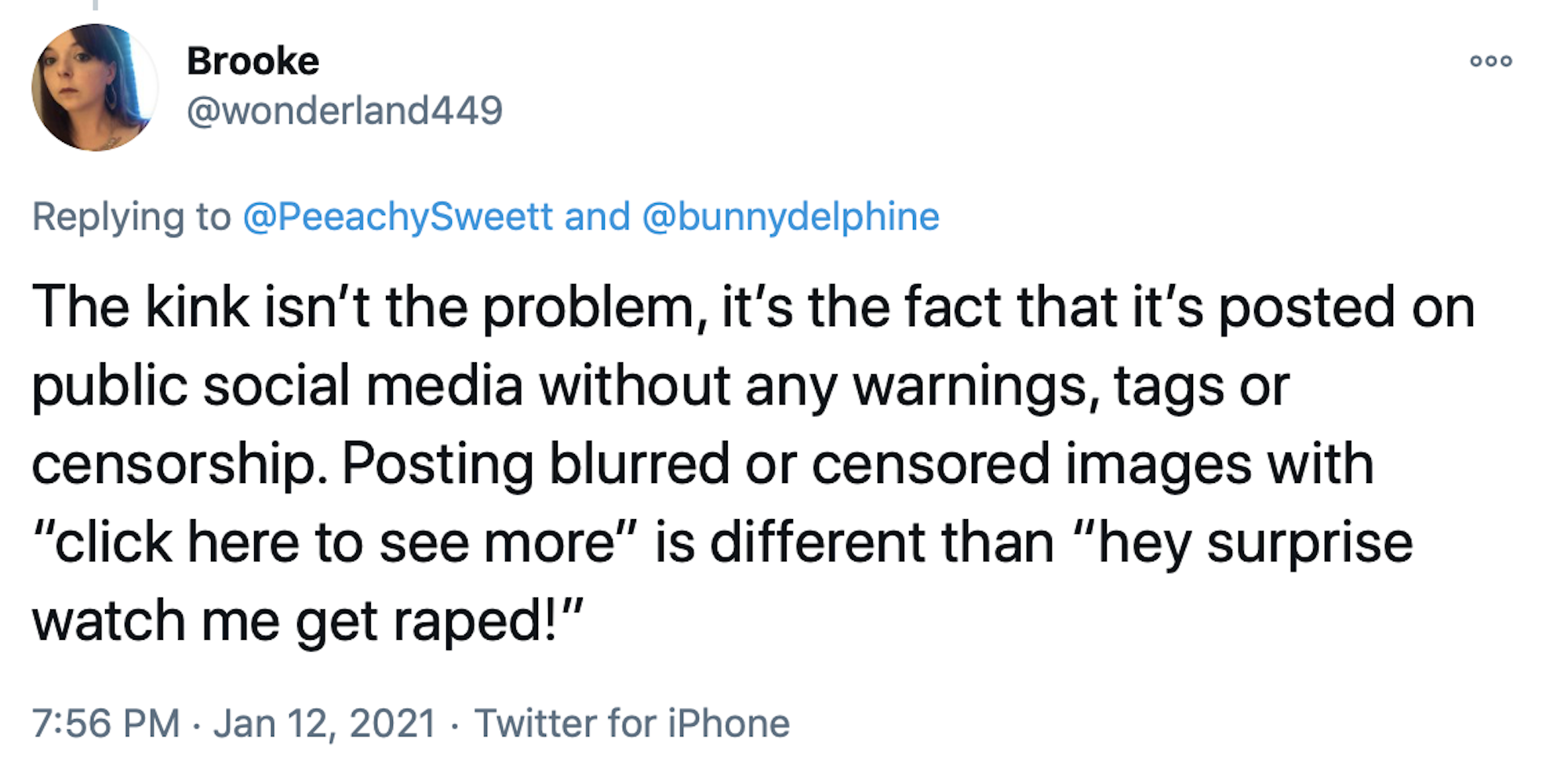The kink isn’t the problem, it’s the fact that it’s posted on public social media without any warnings, tags or censorship. Posting blurred or censored images with “click here to see more” is different than “hey surprise watch me get raped!”