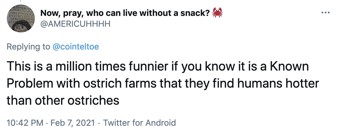 This is a million times funnier if you know it is a Known Problem with ostrich farms that they find humans hotter than other ostriches