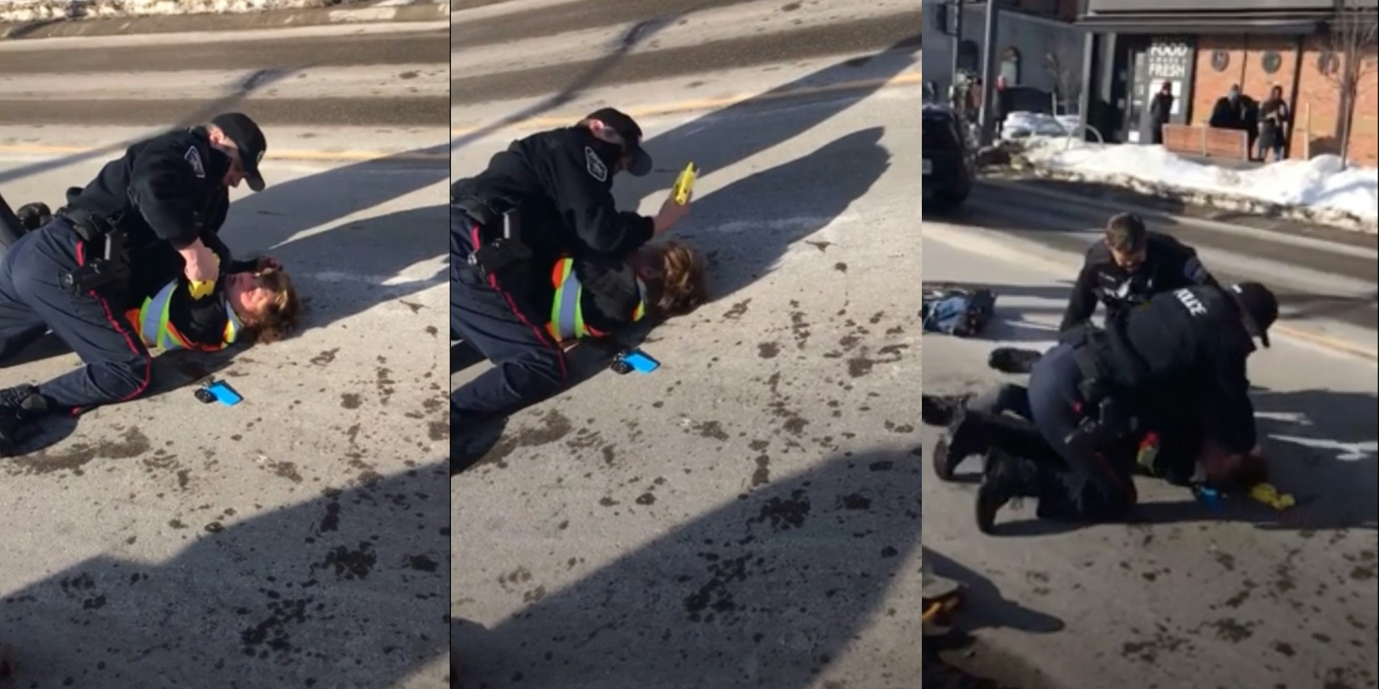 Barrie, Ontario police pin a skateboarder to the ground during arrest