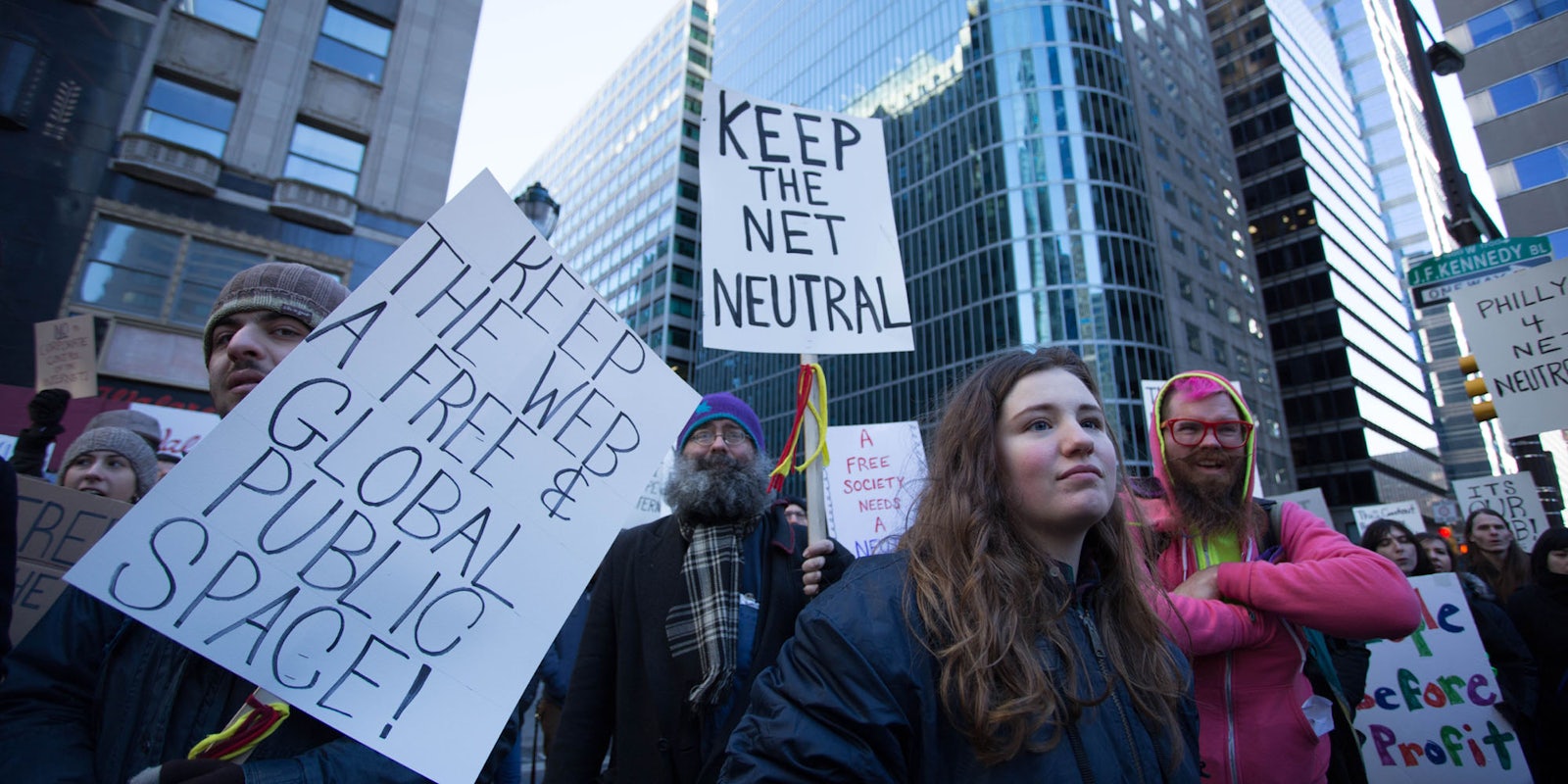 Demonstrators protesting in favor of net neutrality in 2018.