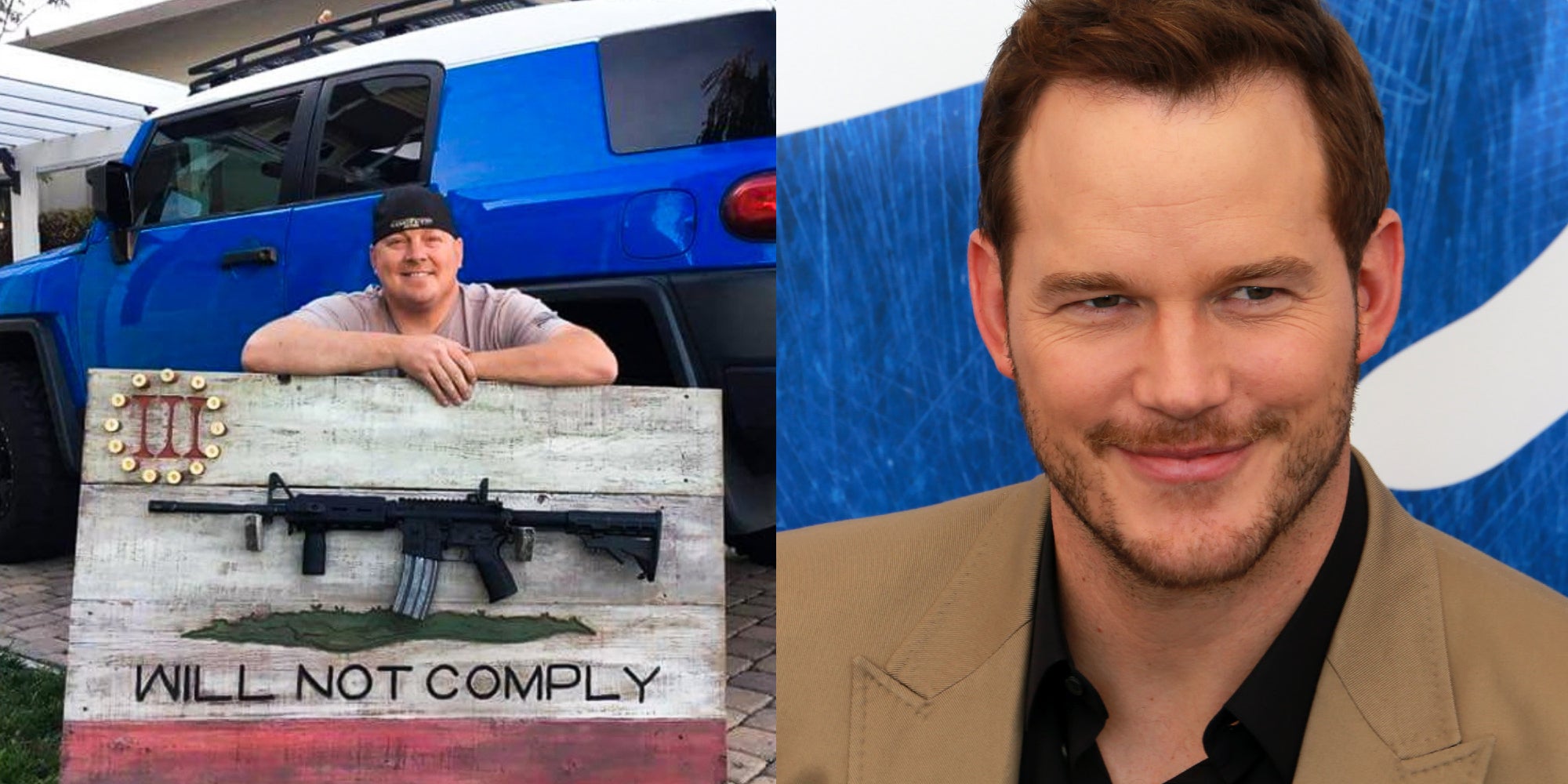 Cully Pratt posing with Three Percenter imagery - Chris Pratt brother