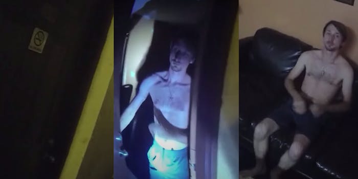 Motel door - man opening door- shirtless man on couch in motel