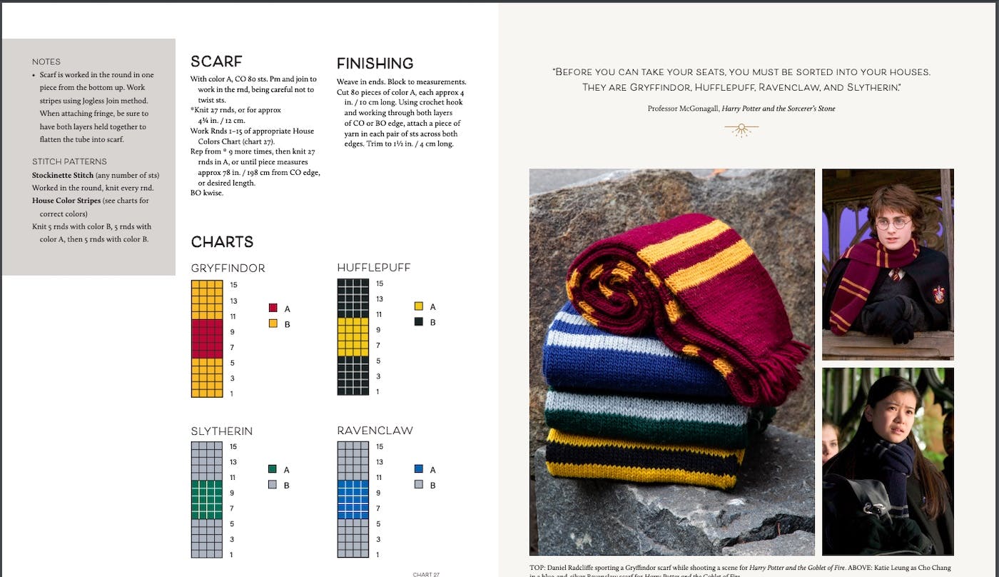 Directions to knit a Harry Potter house scarf from the book Harry Potter Knitting Magic.